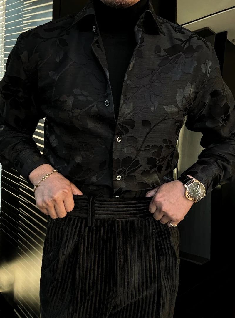 Men's Fashion Hollow Jacquard Long Sleeve Shirt