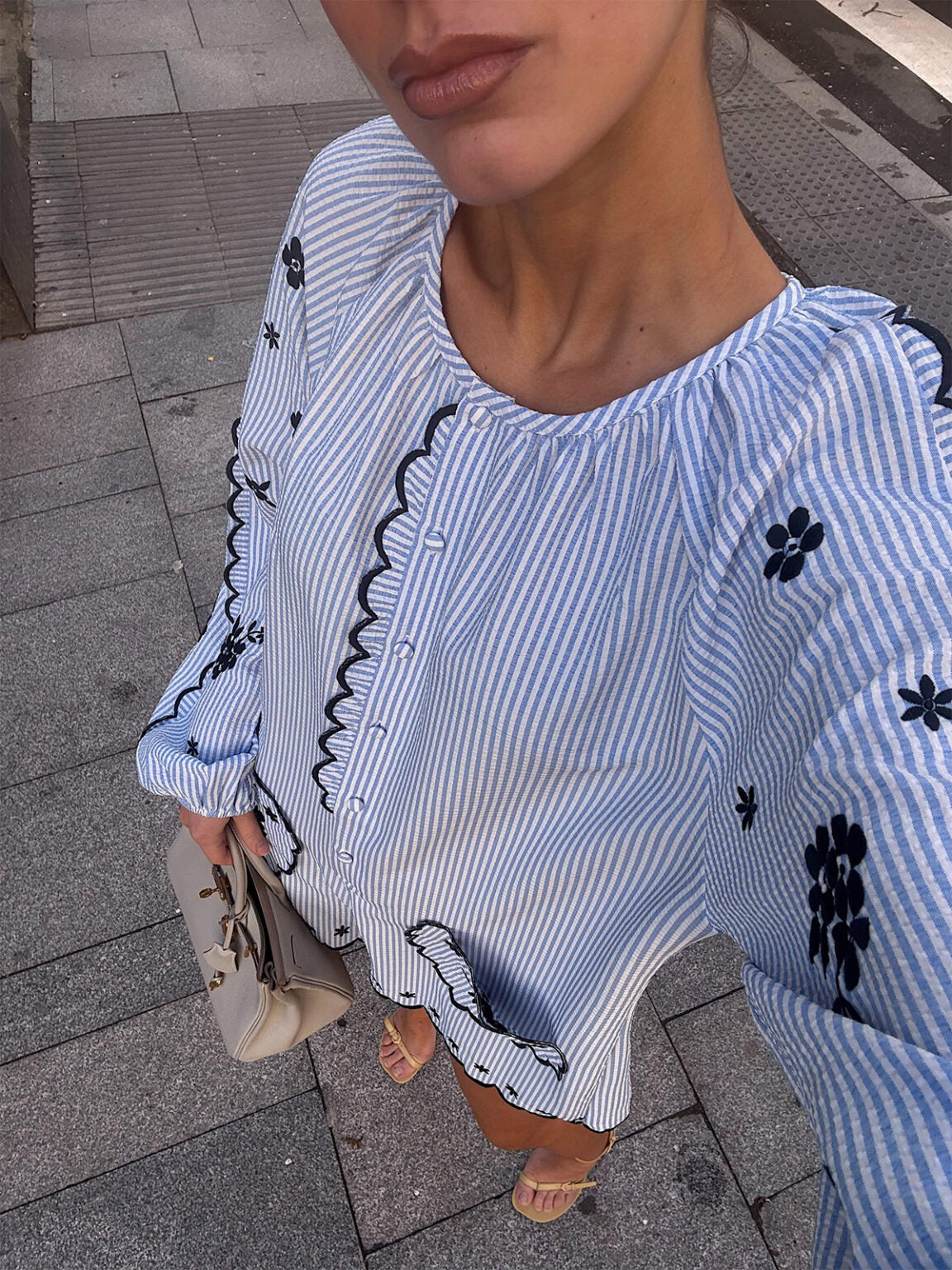 Loose Striped Embroidered Pocket Pajama Style Dress