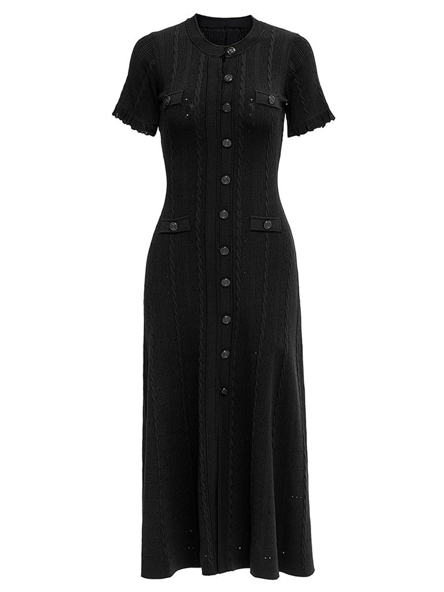 Threaded Single-breasted Knitted Dress