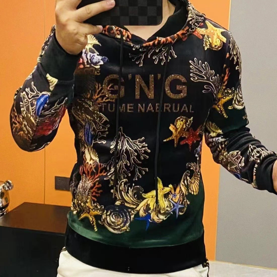 Men's gold velvet light luxury fashionable hooded printed sweatshirt