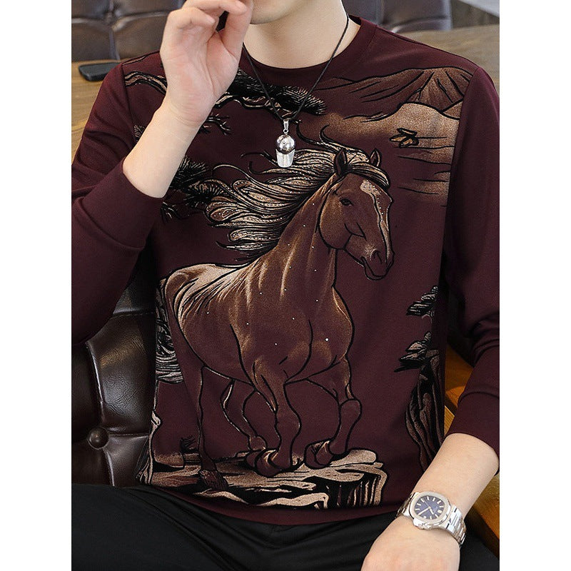 Men's sparkling diamond galloping horse casual long sleeved T-shirt