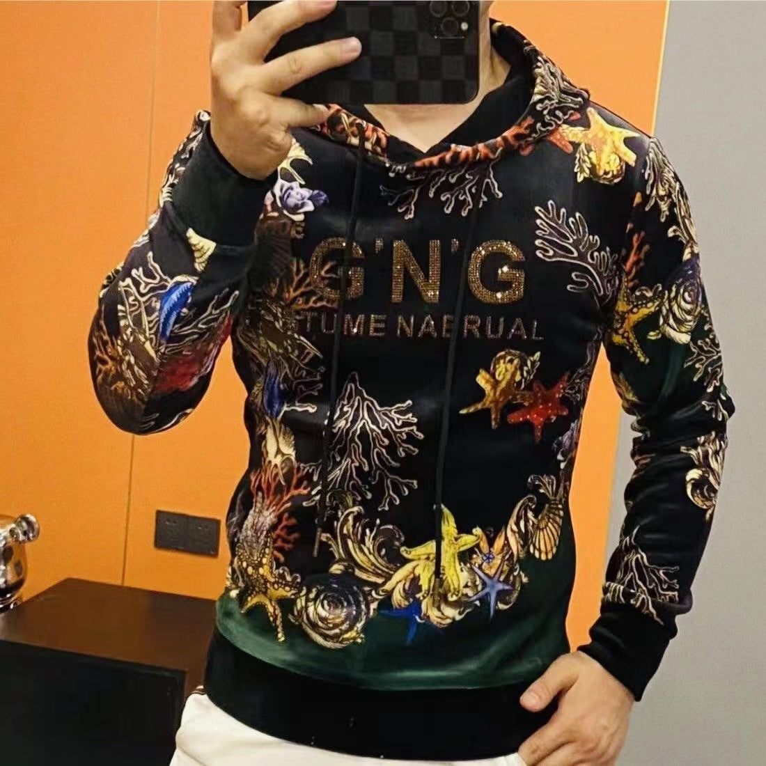 Men's gold velvet light luxury fashionable hooded printed sweatshirt