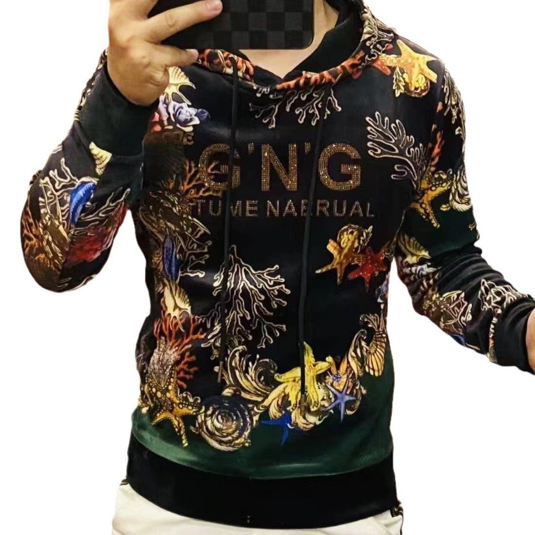 Men's gold velvet light luxury fashionable hooded printed sweatshirt