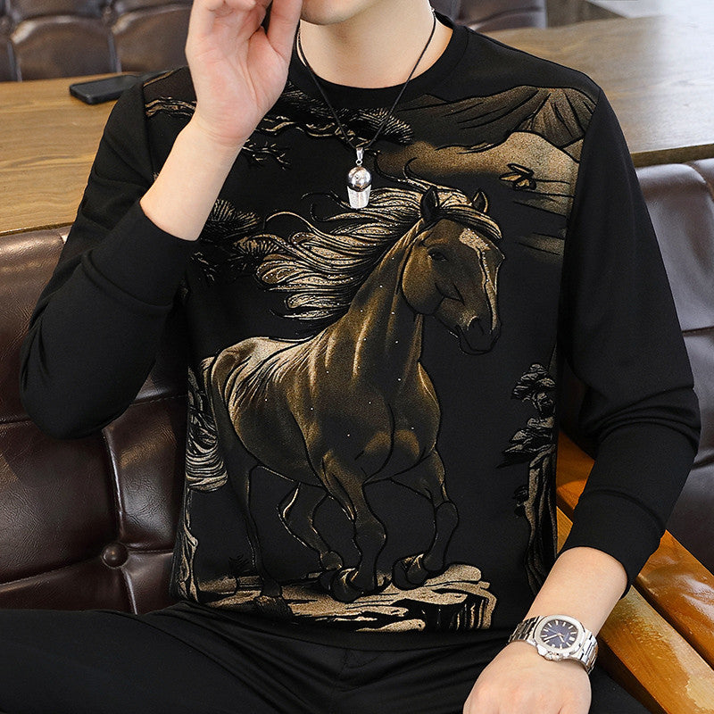 Men's sparkling diamond galloping horse casual long sleeved T-shirt