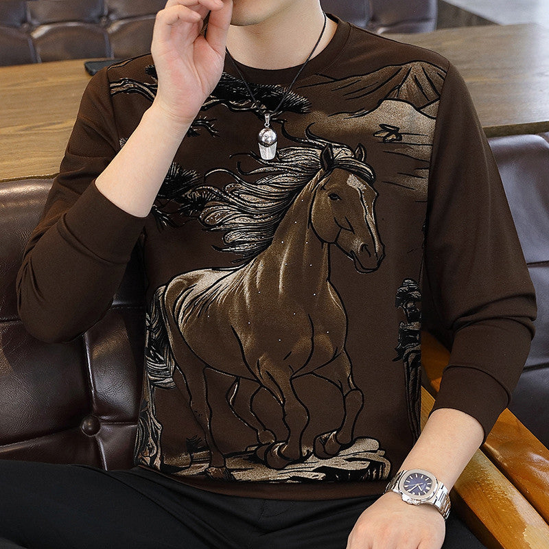 Men's sparkling diamond galloping horse casual long sleeved T-shirt