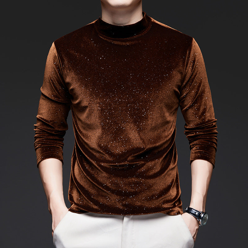 Men's trendy gold velvet long sleeved T-shirt