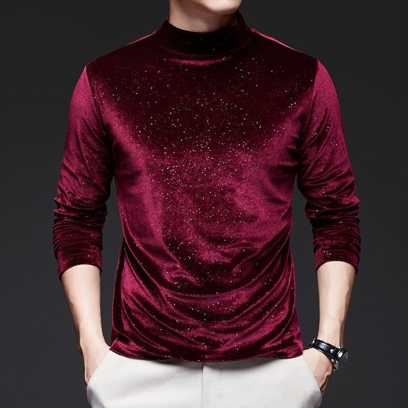 Men's trendy gold velvet long sleeved T-shirt