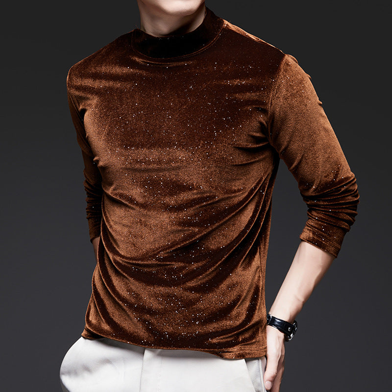 Men's trendy gold velvet long sleeved T-shirt