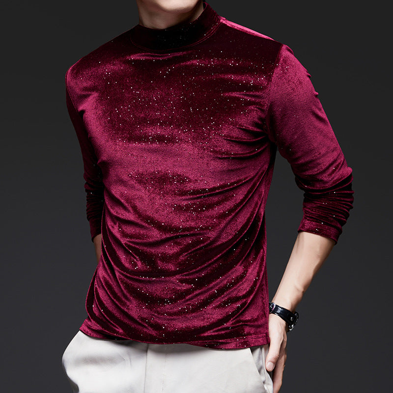 Men's trendy gold velvet long sleeved T-shirt