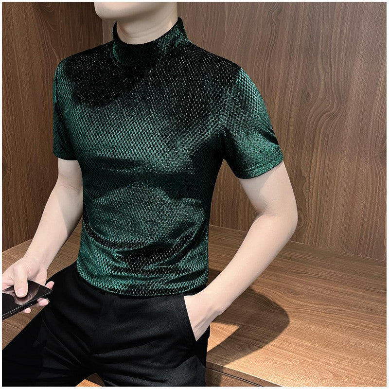 Men's gold velvet semi high neck long sleeved T-shirt