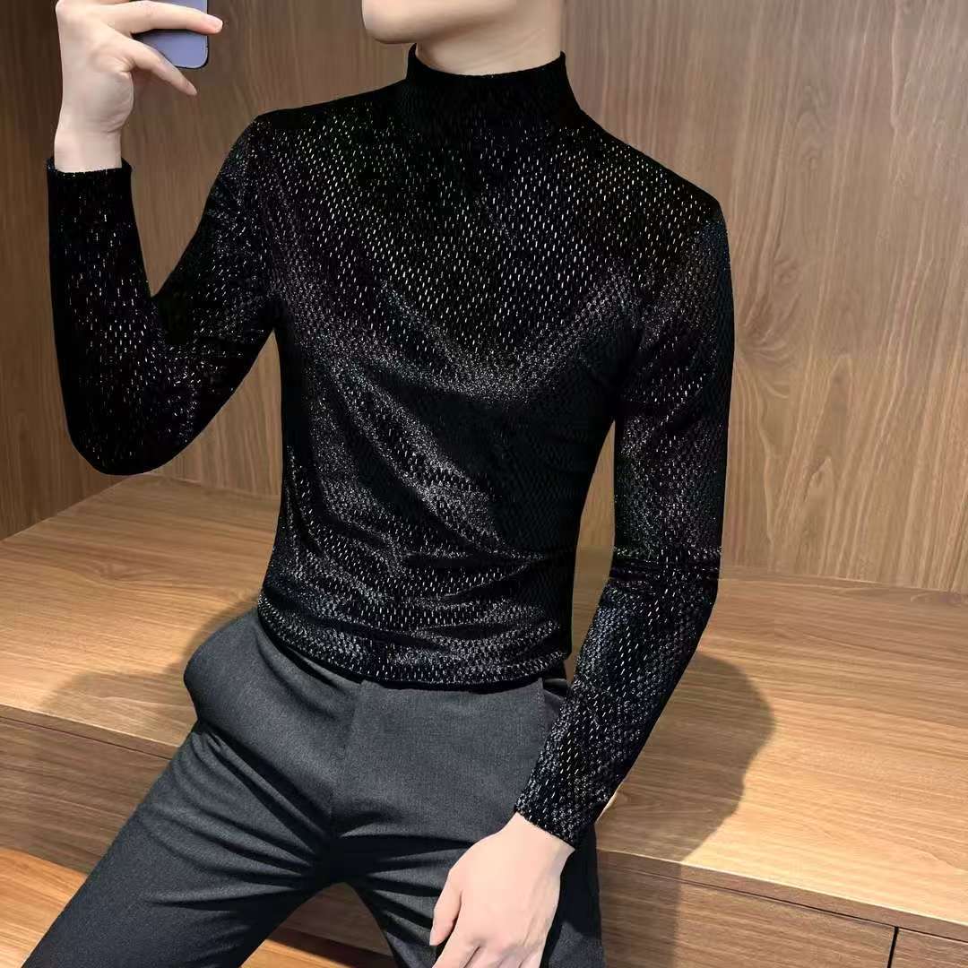 Men's gold velvet semi high neck long sleeved T-shirt