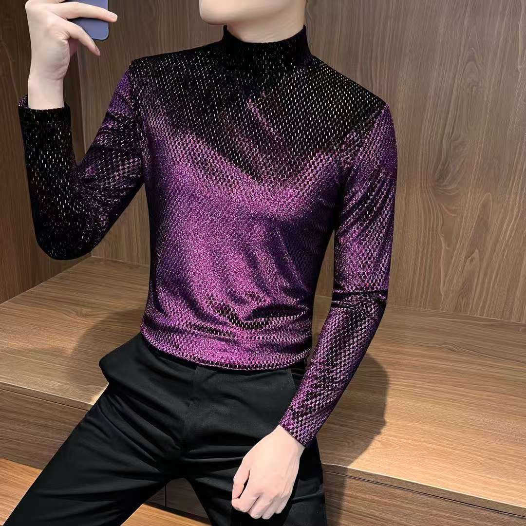 Men's gold velvet semi high neck long sleeved T-shirt