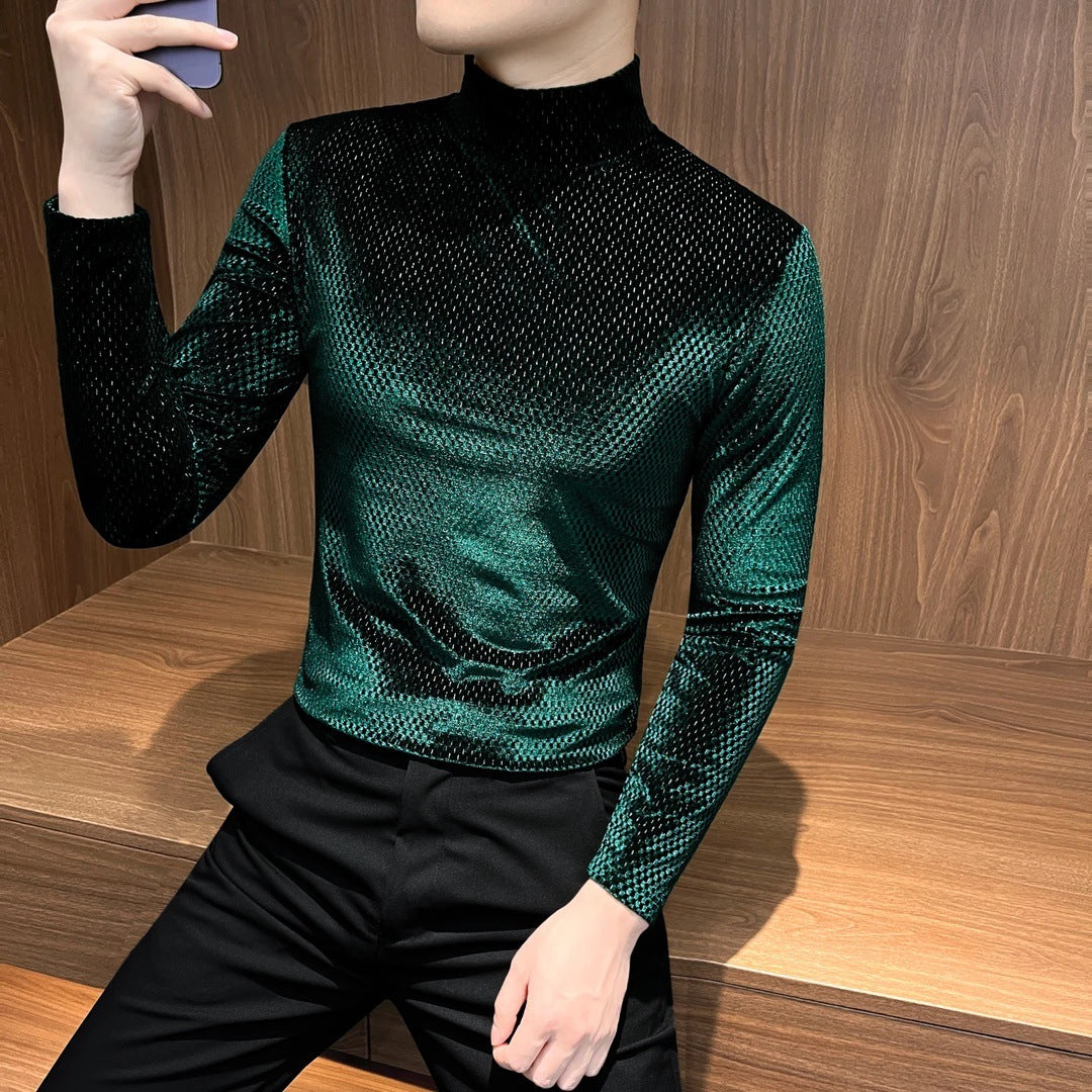 Men's gold velvet semi high neck long sleeved T-shirt