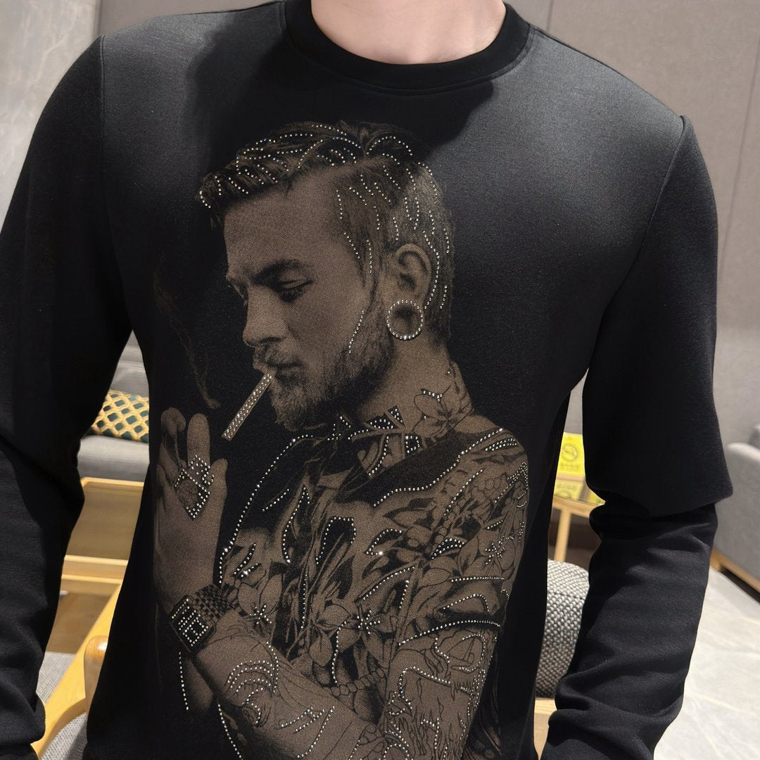 Men's trendy diamond studded portrait print long sleeved T-shirt