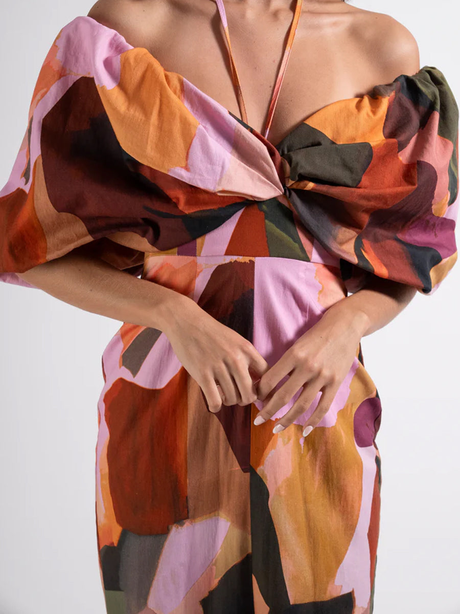 Printed Bow Tie Neck Detail Dress
