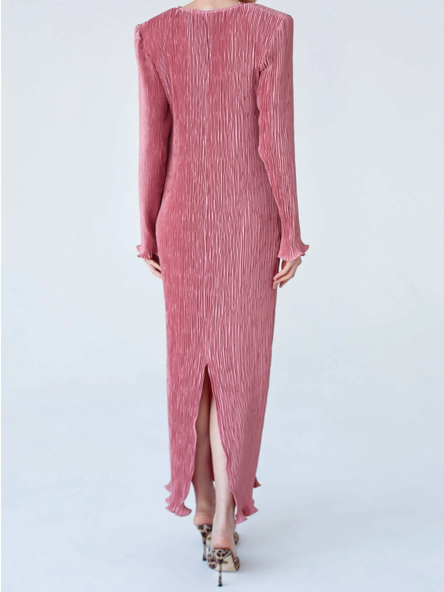 Ruffled Solid Long Sleeve Pleated Dress