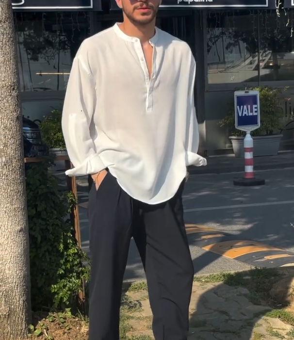 Simple Henry Collar Long Sleeved Shirt