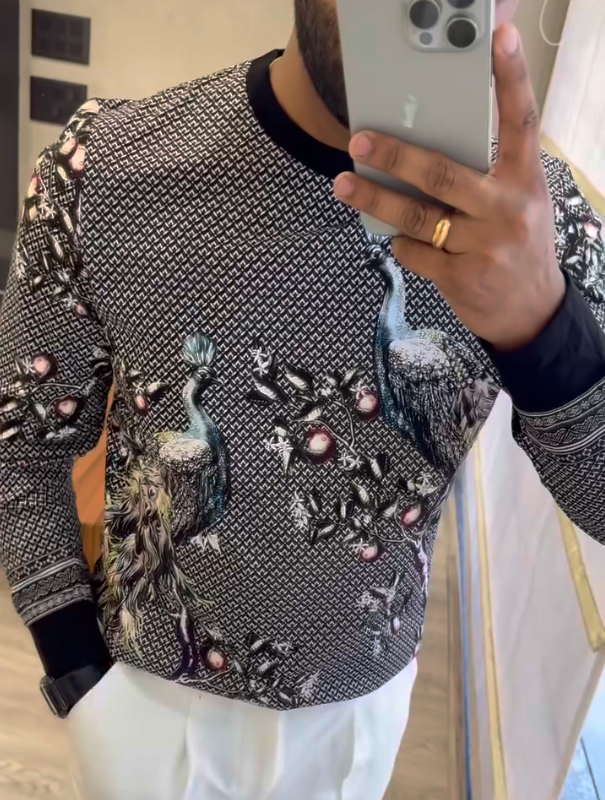 Men's Floral And Bird Print Round Neck Hoodie