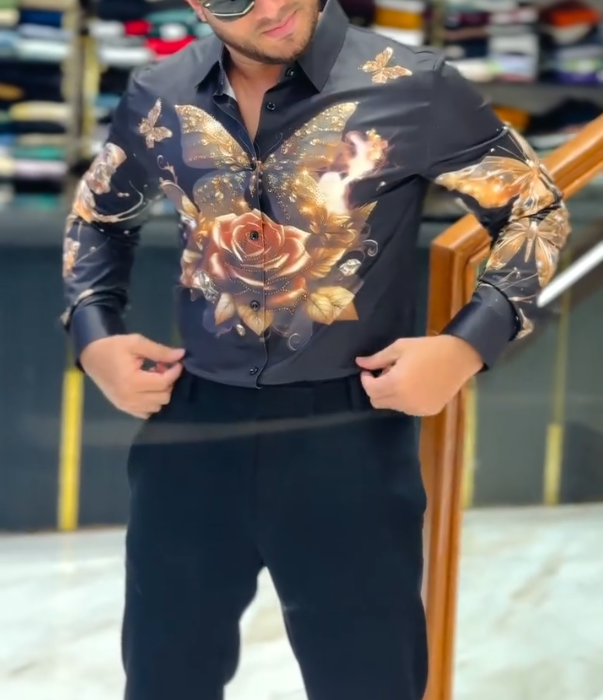 Men's Sparkling Butterfly Printed Long Sleeve Shirt