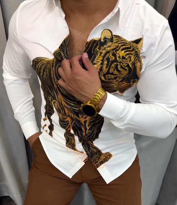 Men's Black Gold Tiger Print Long Sleeved Shirt