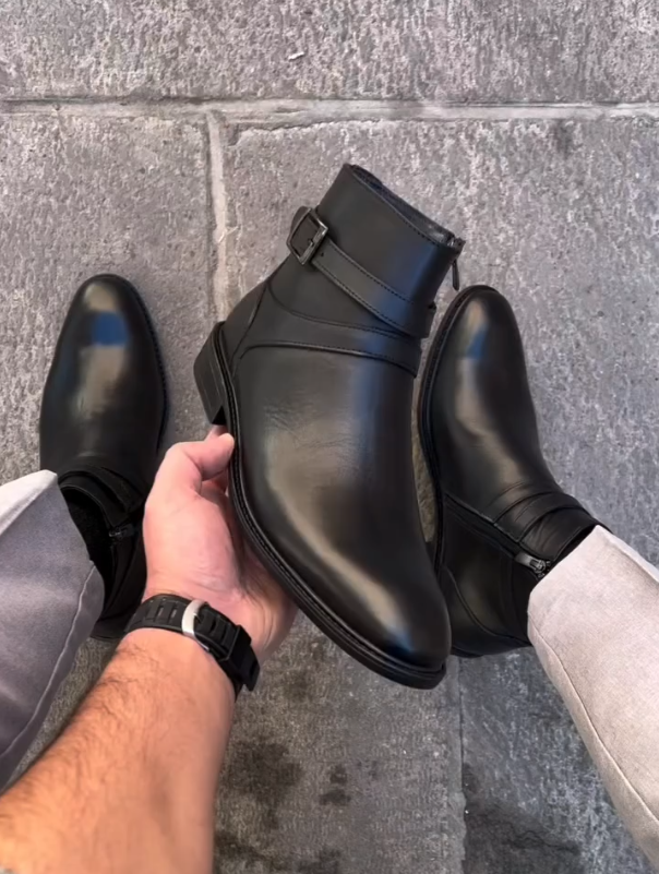Men's Black Side Zipper Strap High Top Chelsea