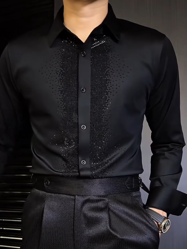 Men's Mid Length Sparkling Diamond Long Sleeved Shirt