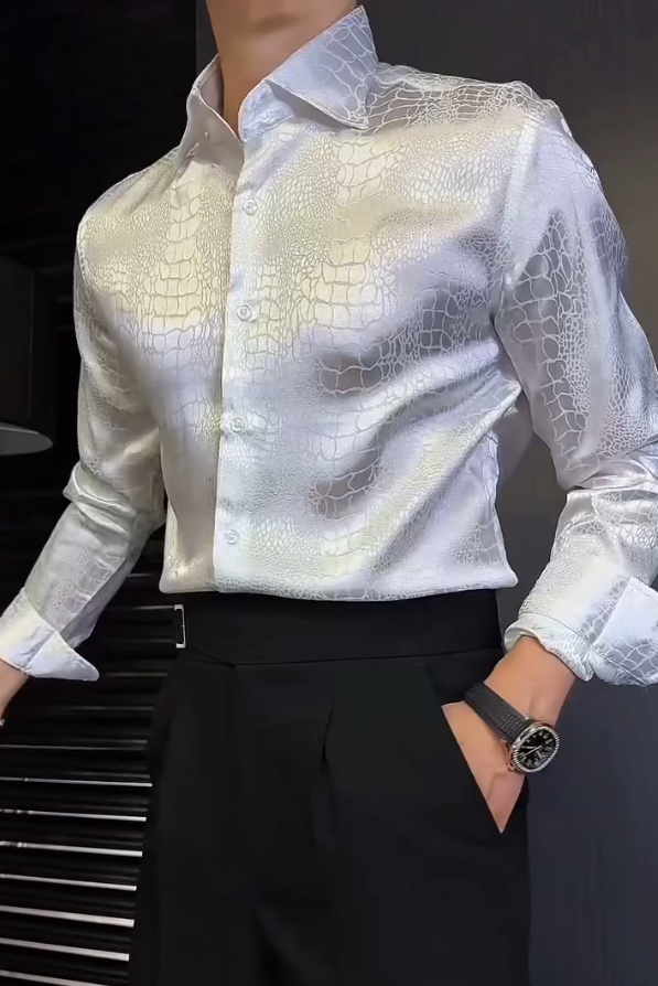Men's Shiny Crocodile Patterned Long Sleeved Shirt