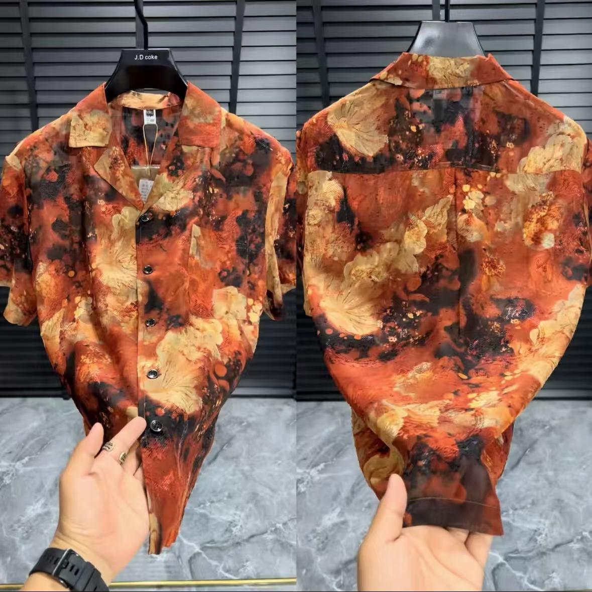 Men's Cuban Collar Printed Short Sleeved Shirt