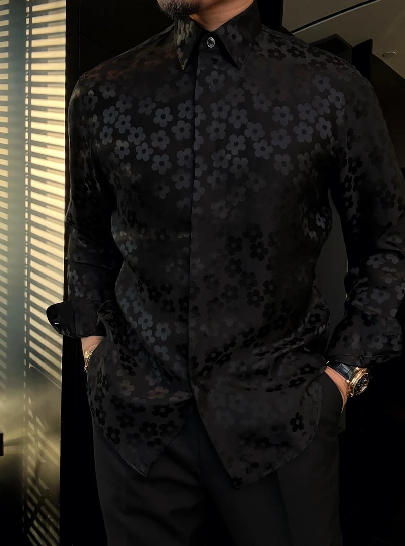 Men's Slightly Wide Sunflower Jacquard Long Sleeved Shirt