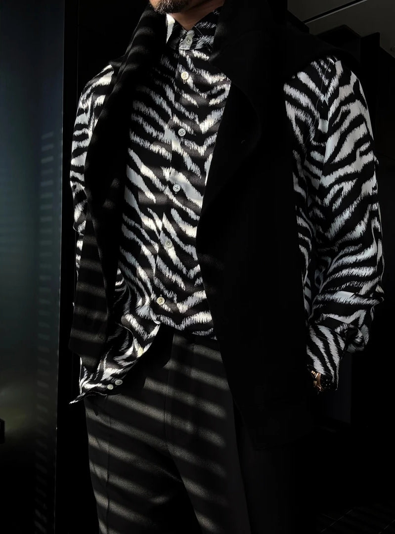 Men's Tiger Patterned Silk Long Sleeved Shirt