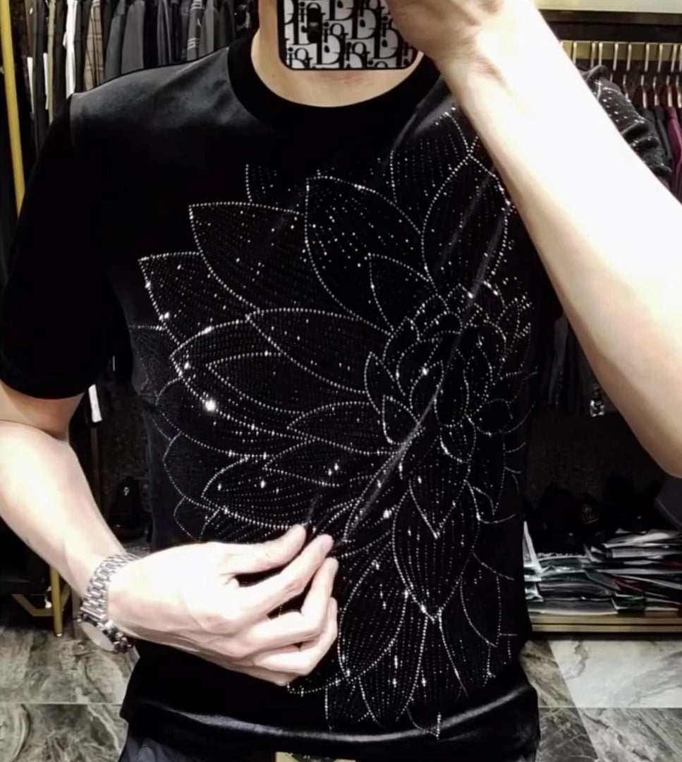 Men's Round Neck Gold Velvet Rhinestone Short Sleeved Shirt