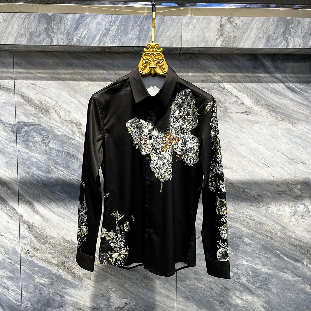Men's Light Luxury Butterfly Embroidered Long Sleeved Shirt