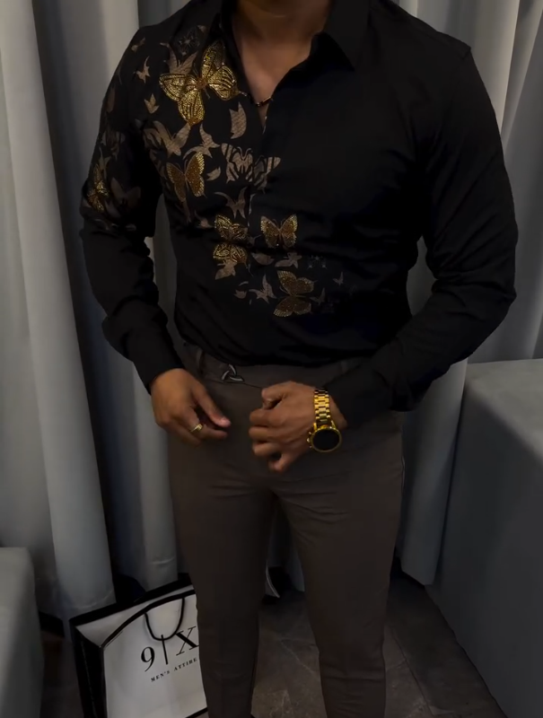 Men's Sparkling Single Shoulder Butterfly Long Sleeve Shirt
