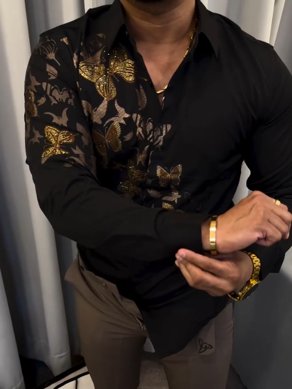 Men's Sparkling Single Shoulder Butterfly Long Sleeve Shirt