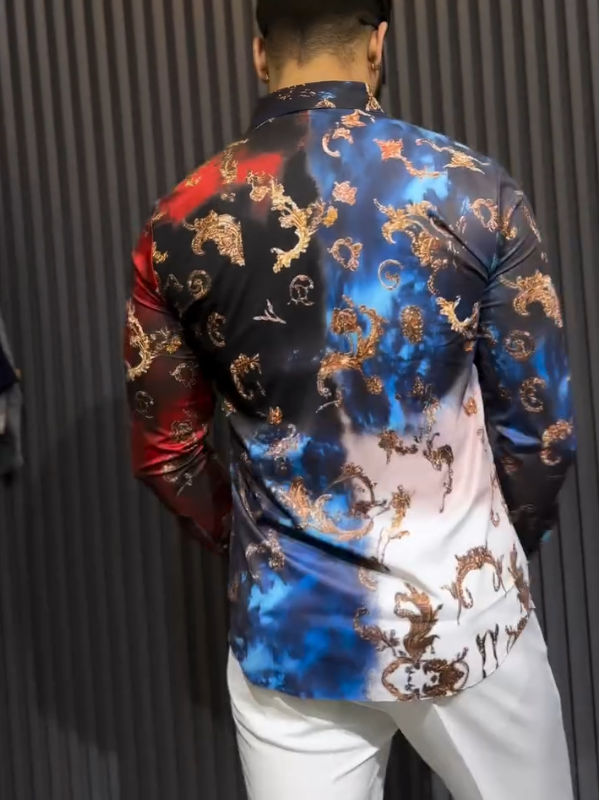 Men's Sparkling Diamond Embroidered Contrasting Long Sleeved Shirt