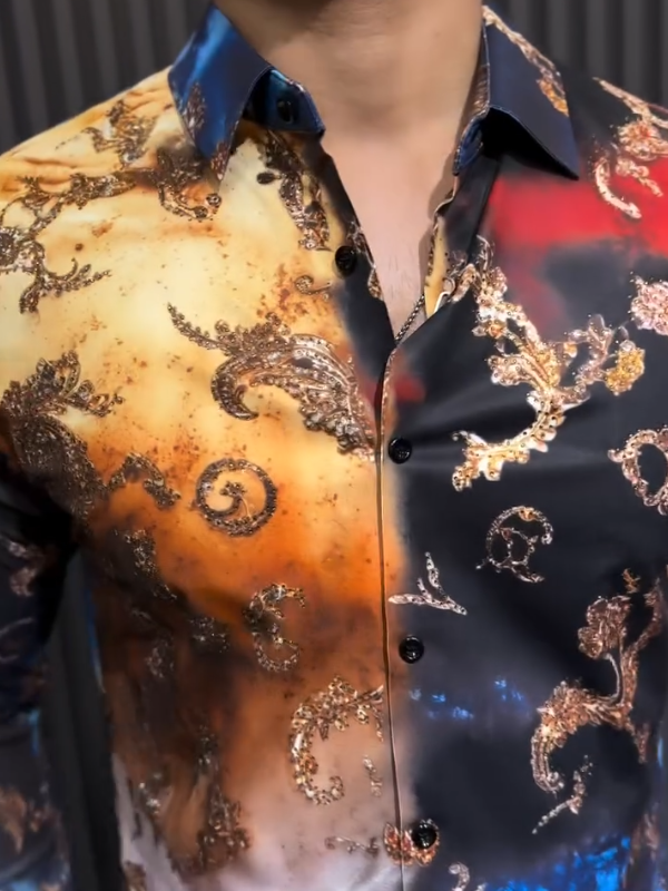 Men's Sparkling Diamond Embroidered Contrasting Long Sleeved Shirt