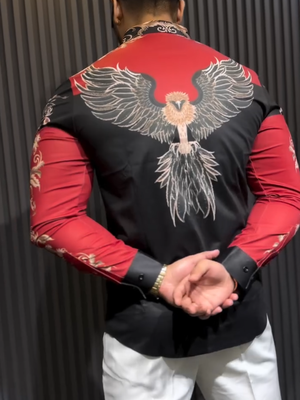 Men's Sparkling Diamond Embroidered Eagle Long Sleeved Shirt