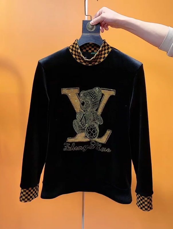 Men's Checkerboard Collar With Sparkling Diamond Long Sleeved T-shirt