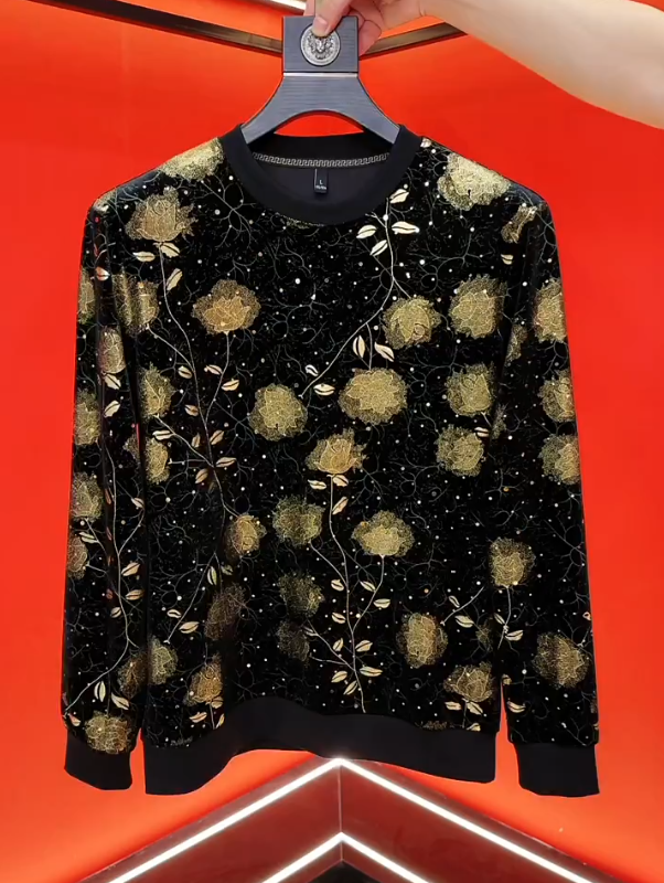 Men's Gold Flower Glitter Long Sleeved T-shirt
