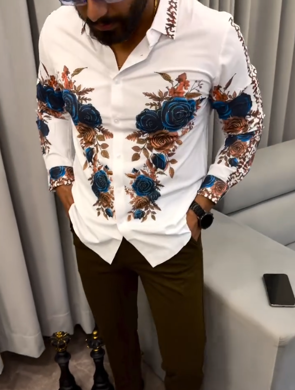 Men's Blue Rose Printed Long Sleeve Shirt