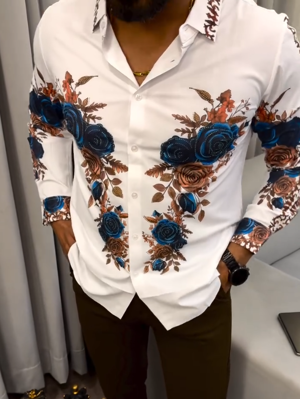 Men's Blue Rose Printed Long Sleeve Shirt