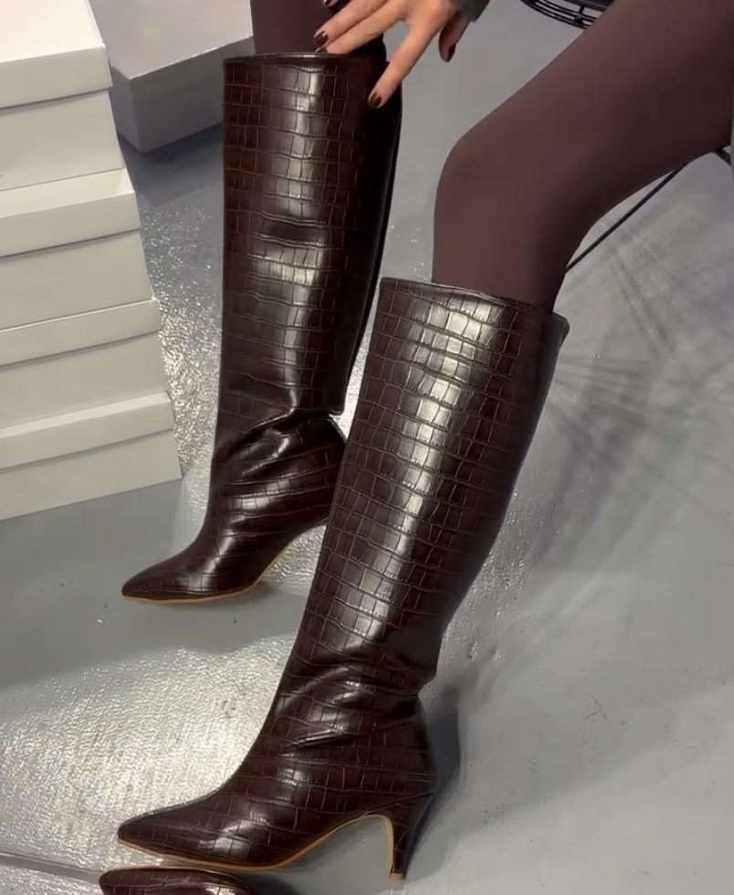 Crocodile Leather Pointed High Top Boots