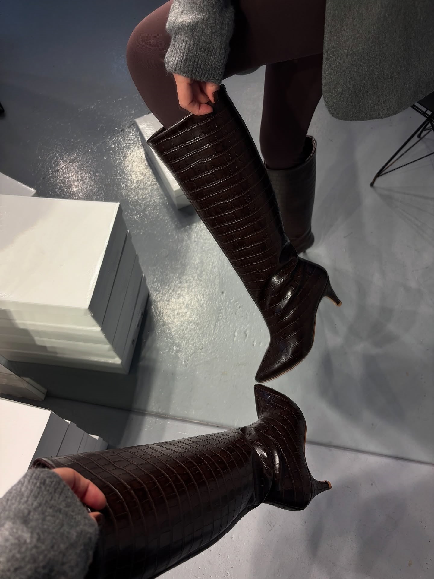 Crocodile Leather Pointed High Top Boots