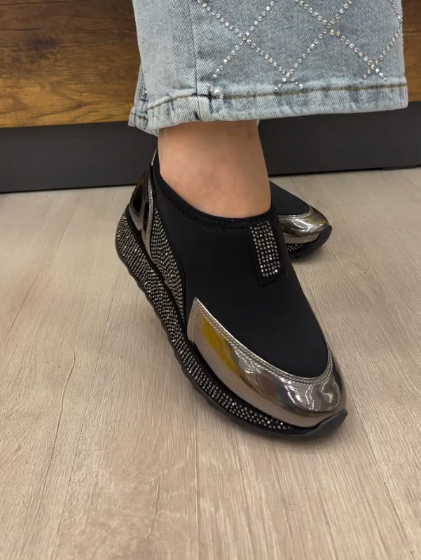 Sparkling diamond patent leather splicing one foot casual shoes