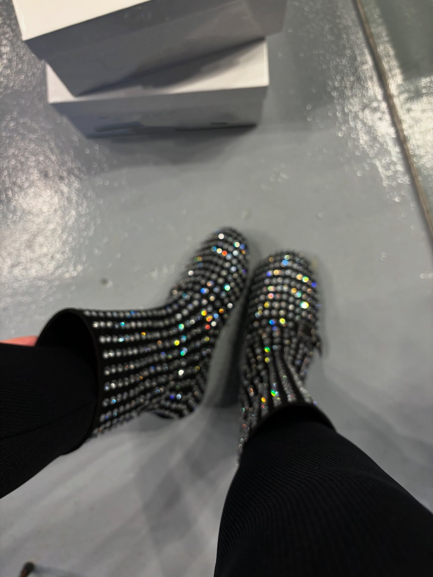 Large sparkling diamond flat bottomed high top boots