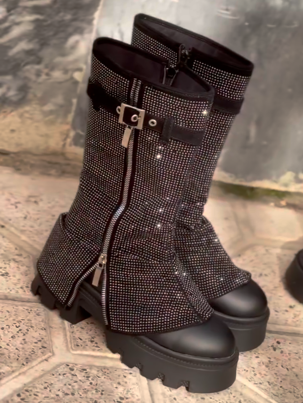 Flash Diamond High Cut Thick Soled Leather Casual Shoes