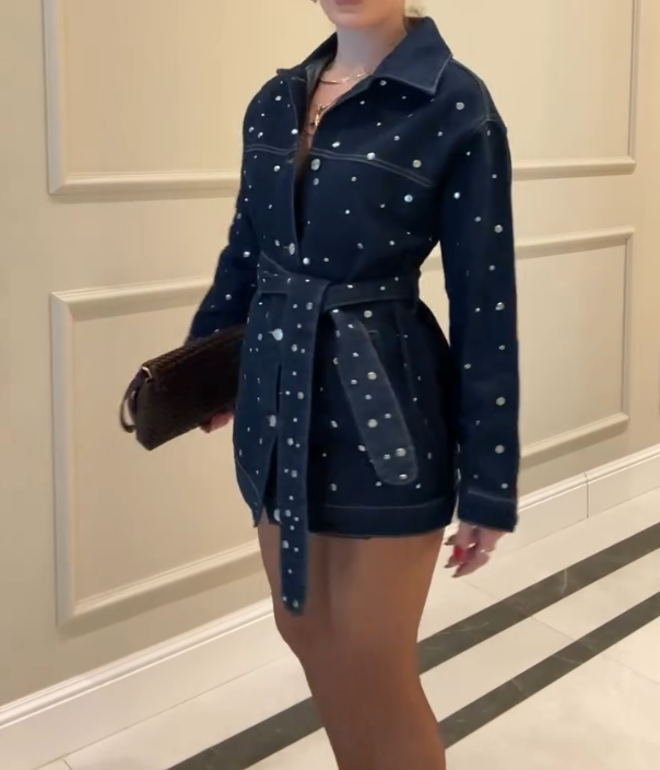 Polka Dot Long Sleeved Denim Short Skirt
