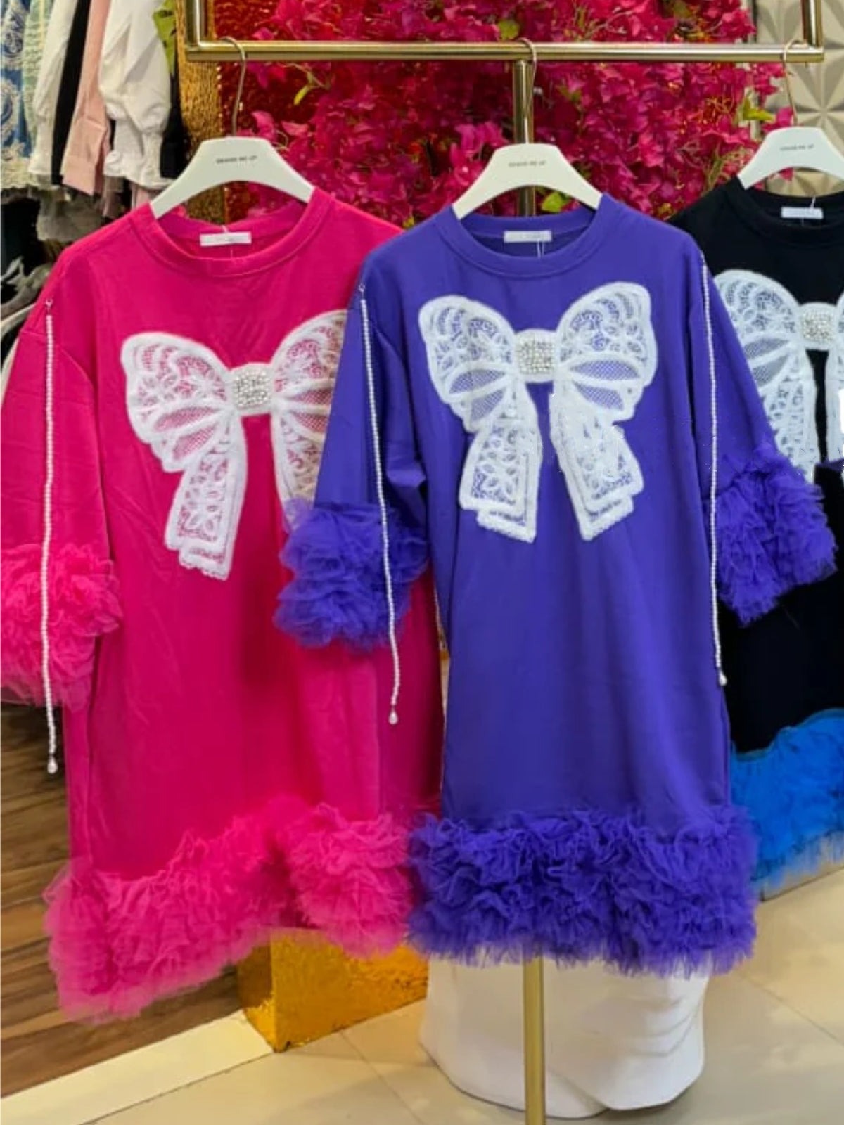 Blue Feather Trim Bow Dress