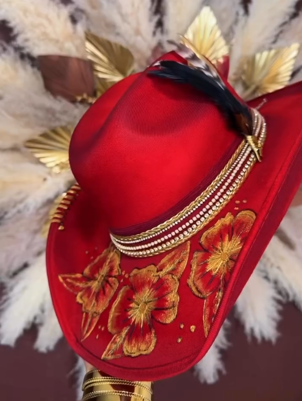 Red Floral Embroidered Cowboy Hat