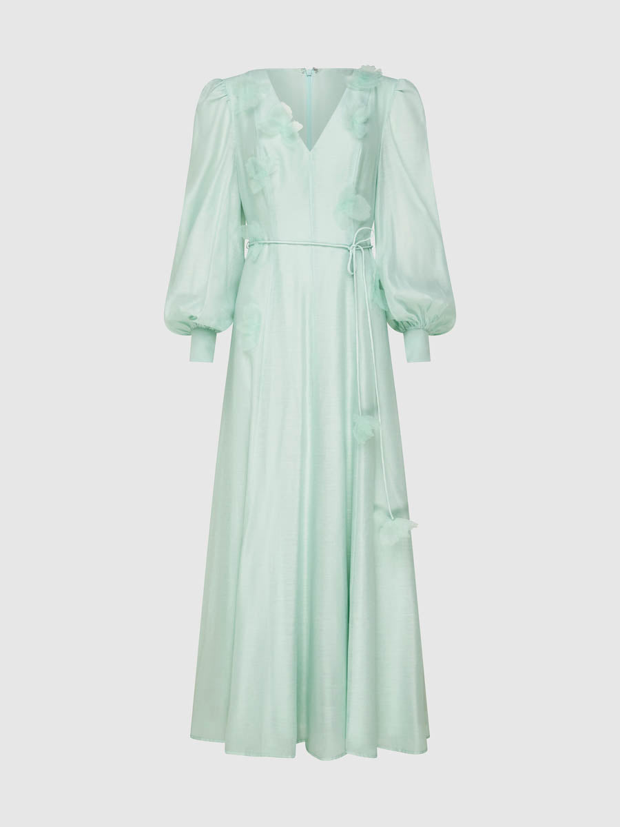 3D Flower V Neck Long Sleeve Belted Maxi Dress